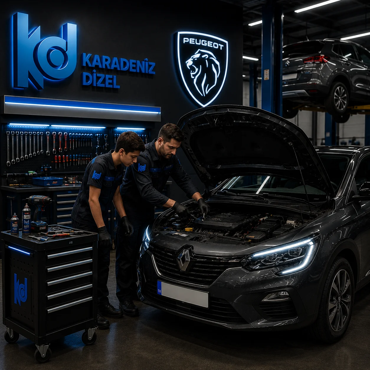 Karadeniz Dizel Oto Servis teknisyeni Peugeot araca müdahale ederken